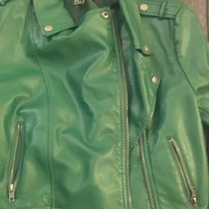 Get ready for the cool fall weather with this green leather jacket